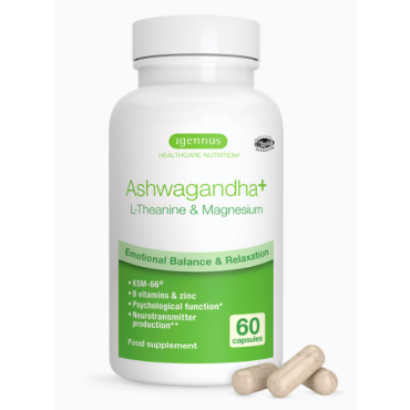 Igennus Ashwagandha+ L-Theanine & Magnesium, Adaptogen Complex with KSM-66, Zinc & B Vitamins, Vegan, 60 Capsules