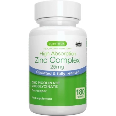 Igennus Chelated Zinc 25mg (Zinc Picolinate & Bisglycinate Plus Copper) 180s