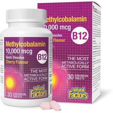 Natural Factor Vitamin B12 Methylcobalamin 10,000mcg Cherry Flavour Sublingual Tablets 30's