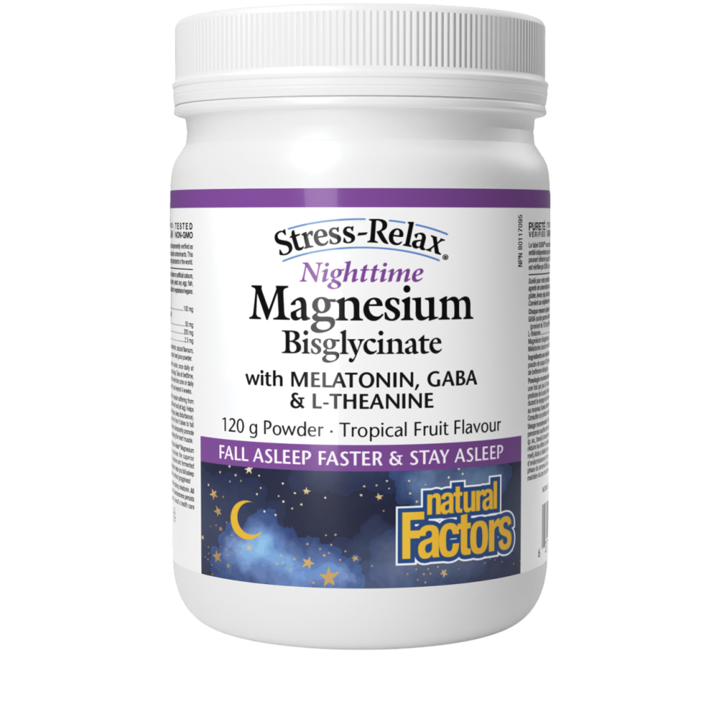 Natural Factor  Stress- Relax Magnesium Biglycinate + Melatonin, GABA & L- Theanine Tropical Fruit Flavour 120g Powder