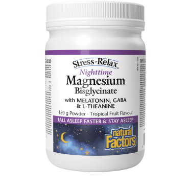 Natural Factor  Stress- Relax Magnesium Biglycinate + Melatonin, GABA & L- Theanine Tropical Fruit Flavour 120g Powder