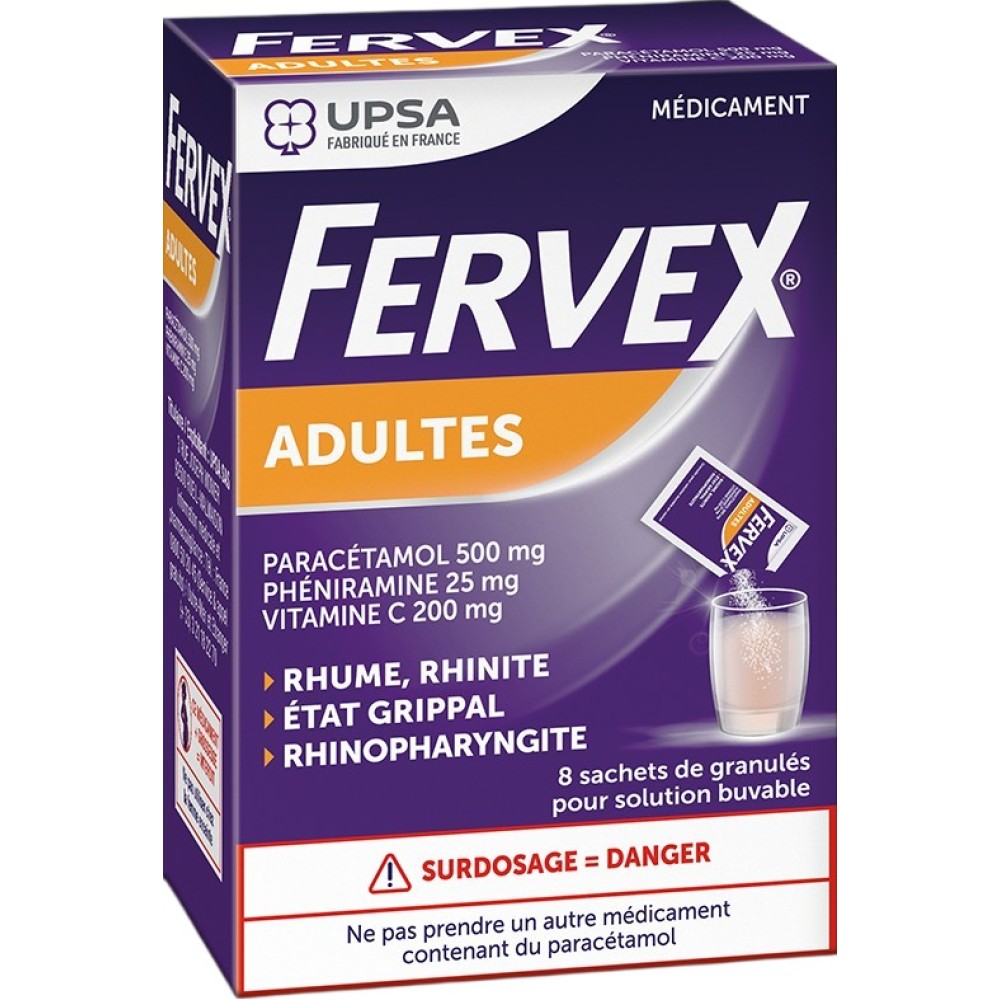Fervex Adult – Paracetamol, Vitamin C and Pheniramine (Raspberry Flavour) – Pack of 8 Sachets