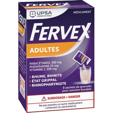Fervex Adult – Paracetamol, Vitamin C and Pheniramine (Raspberry Flavour) – Pack of 8 Sachets
