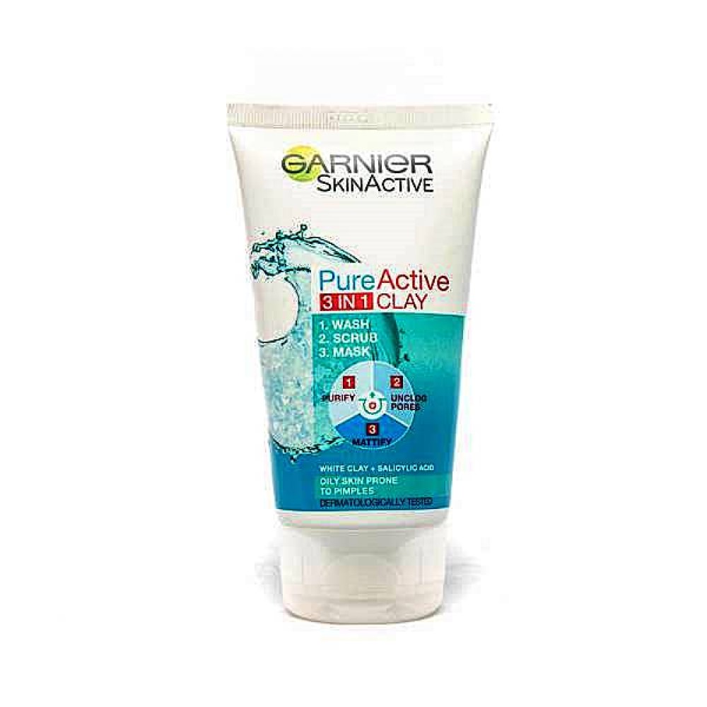 Garnier Pure Active 3 In 1 Cleanser Clay, Wash, Scrub & Mask 150ml